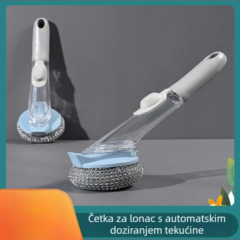Duga kuhinjska četka za čišćenje s dozatorom tekućeg sapuna i čeličnom kuglom za čišćenje posuda