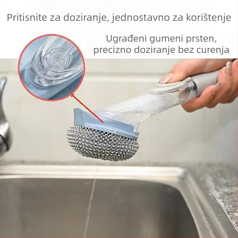 Duga kuhinjska četka za čišćenje s dozatorom tekućeg sapuna i čeličnom kuglom za čišćenje posuda