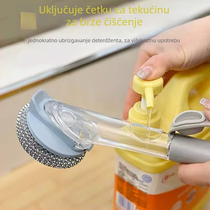 Duga kuhinjska četka za čišćenje s dozatorom tekućeg sapuna i čeličnom kuglom za čišćenje posuda