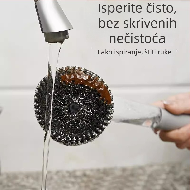 Duga kuhinjska četka za čišćenje s dozatorom tekućeg sapuna i čeličnom kuglom za čišćenje posuda