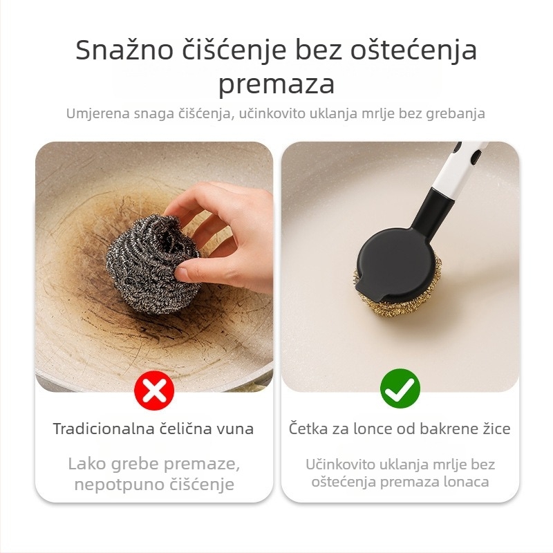 Čistač bakrene žice – čista bakrena, nježna prema loncima; mekana čelična žica kugla koja ne otpušta vlakna; kuhinjska četka za pranje posuđa.