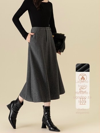 Ženska duga A-linijska suknja s kišobran siluetom, siva, visoki pojas, jesen-zima moda, francuski stil