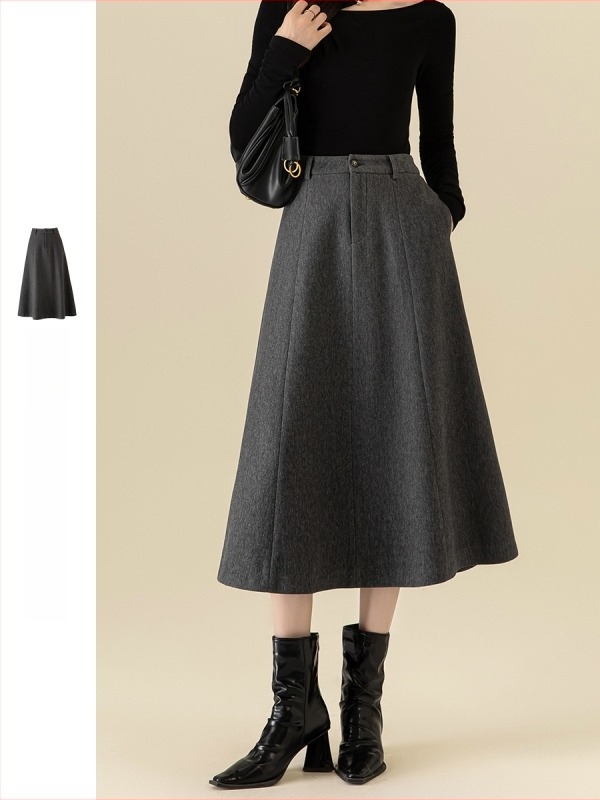 Ženska duga A-linijska suknja s kišobran siluetom, siva, visoki pojas, jesen-zima moda, francuski stil