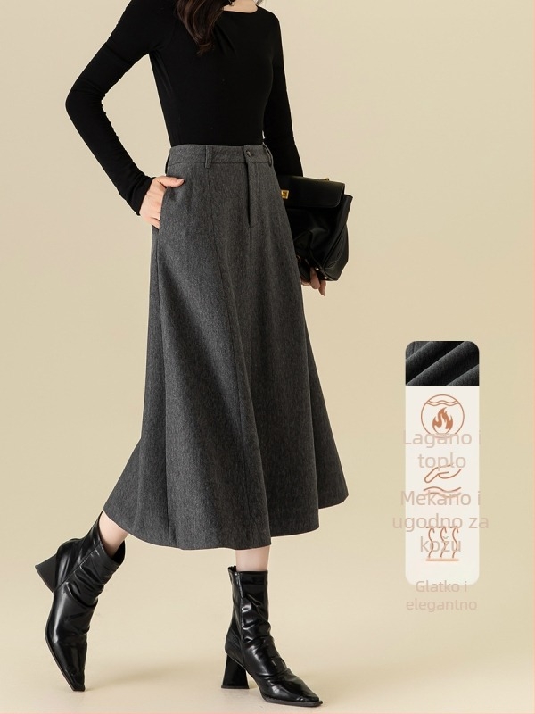 Ženska duga A-linijska suknja s kišobran siluetom, siva, visoki pojas, jesen-zima moda, francuski stil