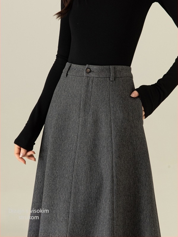 Ženska duga A-linijska suknja s kišobran siluetom, siva, visoki pojas, jesen-zima moda, francuski stil