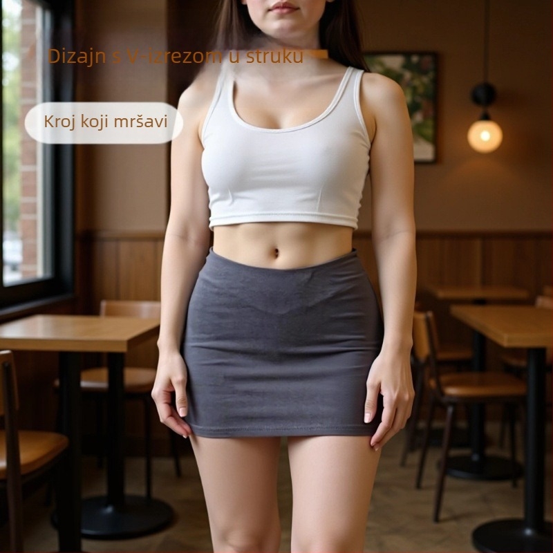 Mini suknja s niskim V strukom, uski kroj, hip-hugging, casual i svestran stil
