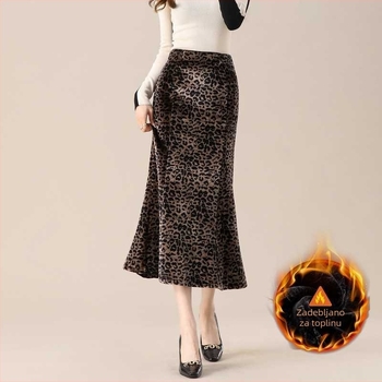Velur leopard print midi suknja, visokim pojasom, silueta sirene, podstavljena fleeceom
