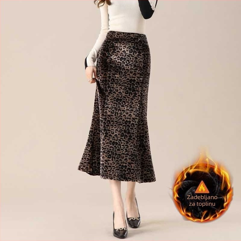 Velur leopard print midi suknja, visokim pojasom, silueta sirene, podstavljena fleeceom