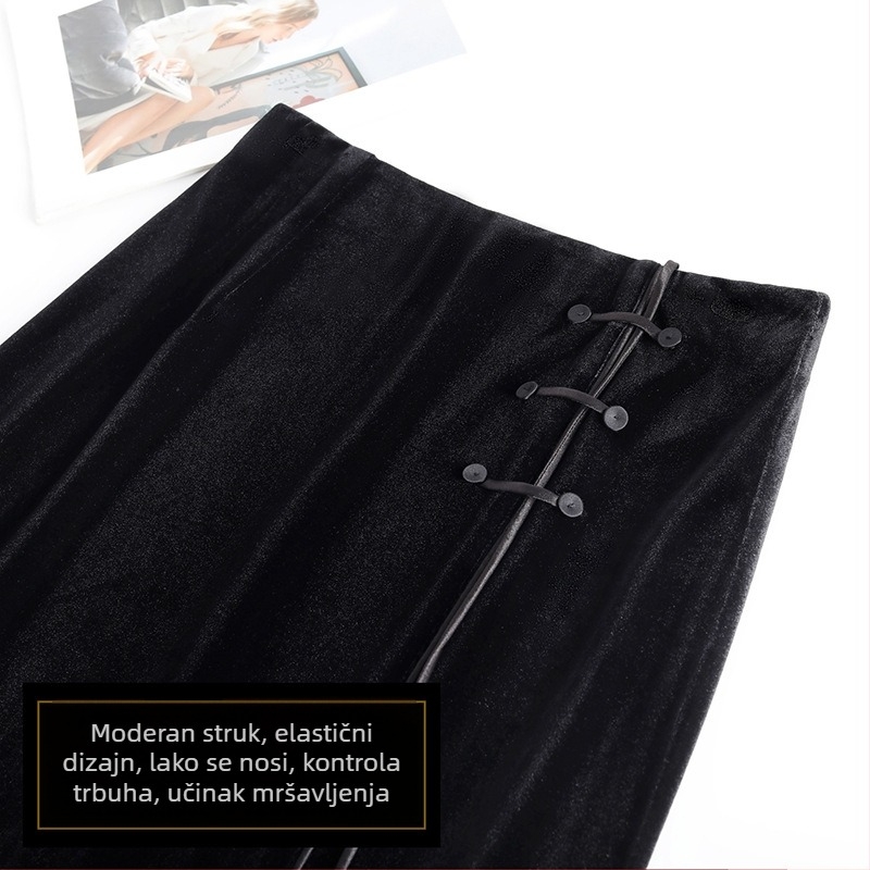 Velur midi suknja u kineskom stilu, elegantan kroj s visokim strukom i bočnim prorezom