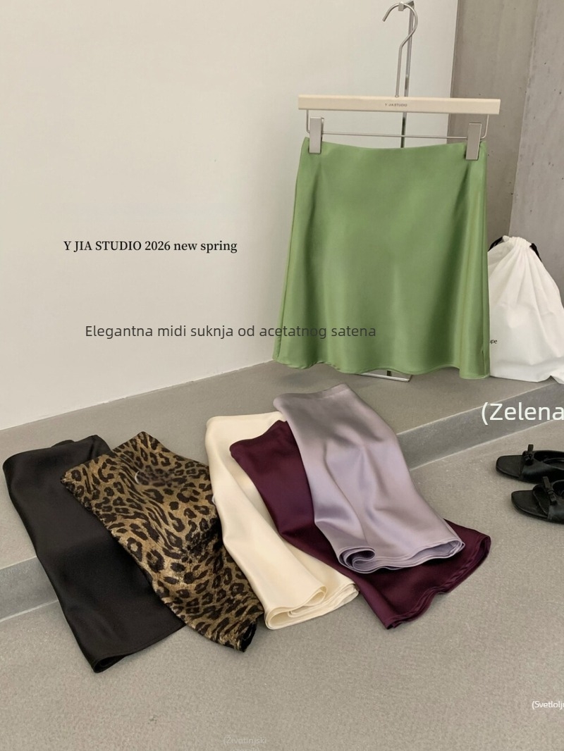 Y.Jia 2026 Proljeće/Ljeto satenska suknja sirena za niske figure, leopard uzorak, kratka, vizualno vitka silueta