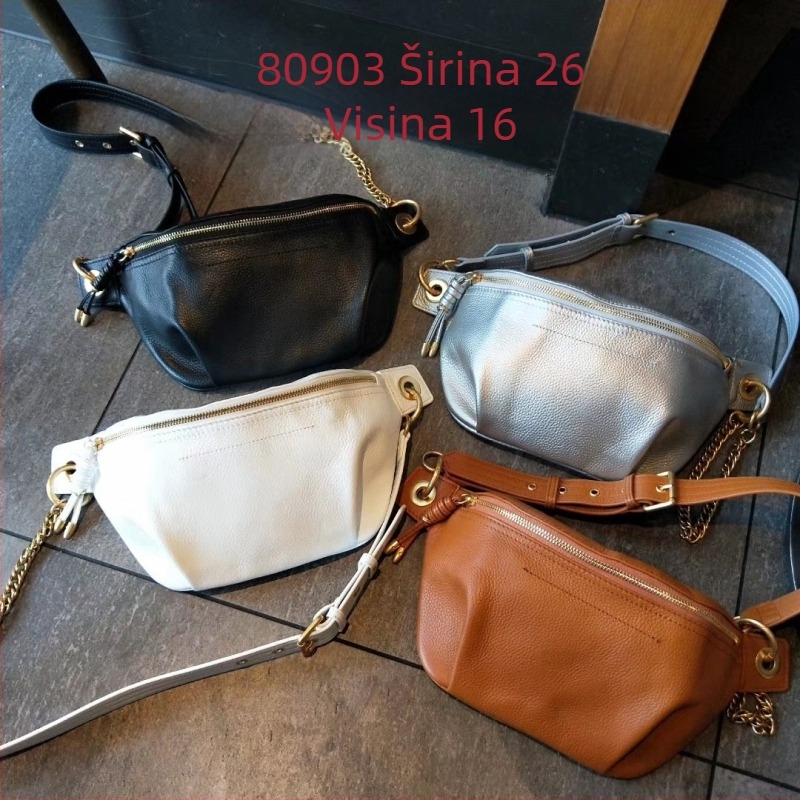Ženska crossbody torba od kože prvog sloja, široka naramnica, retro lanac
