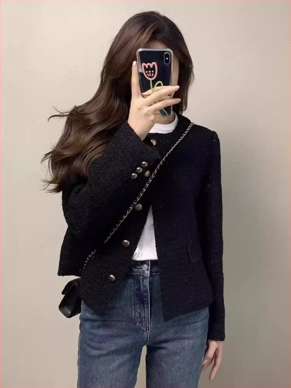 Crna kratka jakna-cardigan od tweeda za žene, jesen-zima, korejski stil, elegantan dizajn