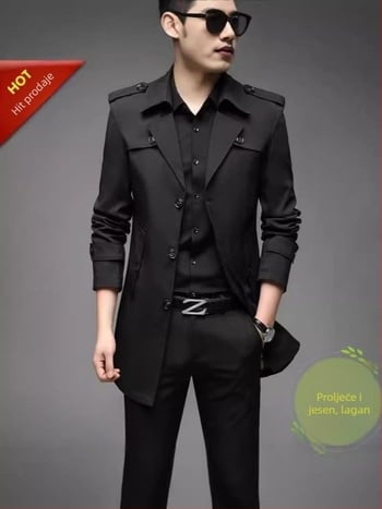 Proljeće 2024: tanka muška jakna srednje duljine windbreaker – poslovno opušten stil, crna, slim-fit, plus veličina