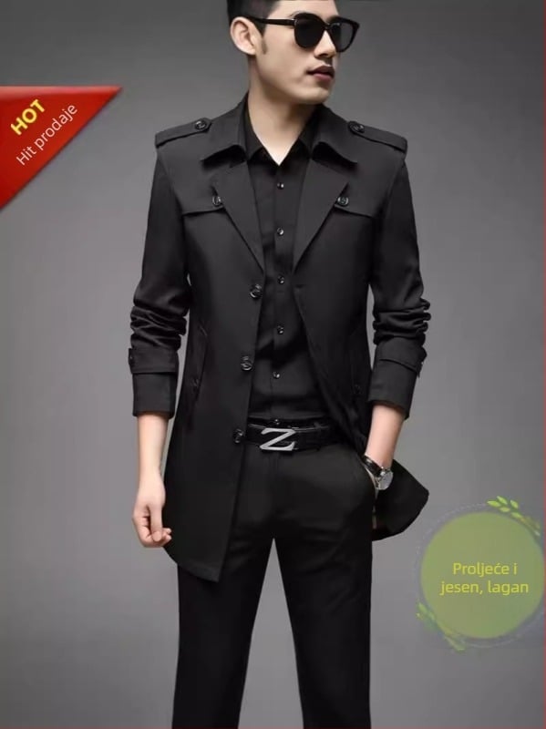 Proljeće 2024: tanka muška jakna srednje duljine windbreaker – poslovno opušten stil, crna, slim-fit, plus veličina