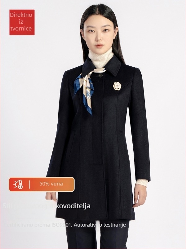 Ženski zimski kaput od kašmira i vune, dugi kroj, poslovni stil, premium vuneni kaput.