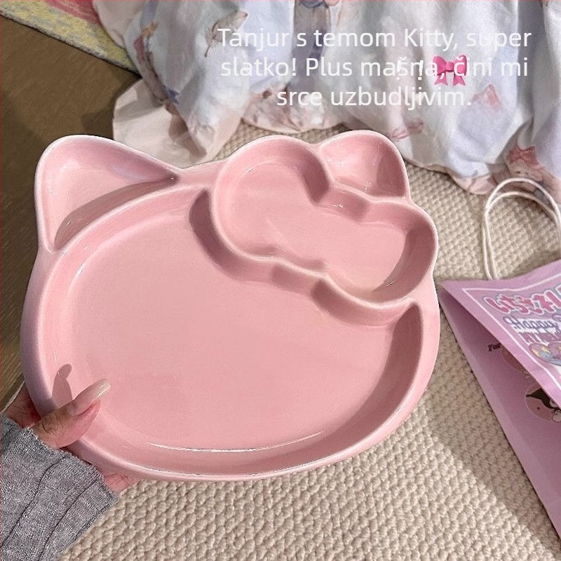 Keramički tanjur Kitty, podijeljeni dizajn s crtićem, sladak stil, 18 cm, za mikrovalnu pećnicu
