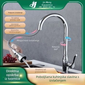 Nehrđajući čelični kuhinjski slavina s izvlačnim vrhom, tri načina protoka, topla i hladna voda, elektroplatirani završetak, za sudoperu