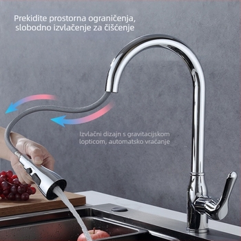 Nehrđajući čelični kuhinjski slavina s izvlačnim vrhom, tri načina protoka, topla i hladna voda, elektroplatirani završetak, za sudoperu