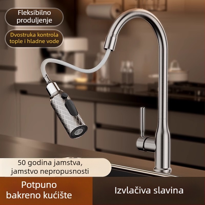 Kuhinjska slavina od čistog bakra za toplu i hladnu vodu, s izvlačnom mlaznicom i zaštitom od prskanja