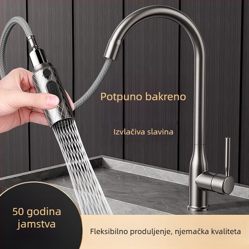 Kuhinjska slavina od čistog bakra za toplu i hladnu vodu, s izvlačnom mlaznicom i zaštitom od prskanja