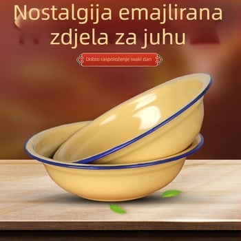 Žuta emajlirana zdjela, retro stil, kućna uporaba, zdjela za juhu i rižu, zdjela s uvijenim rubom