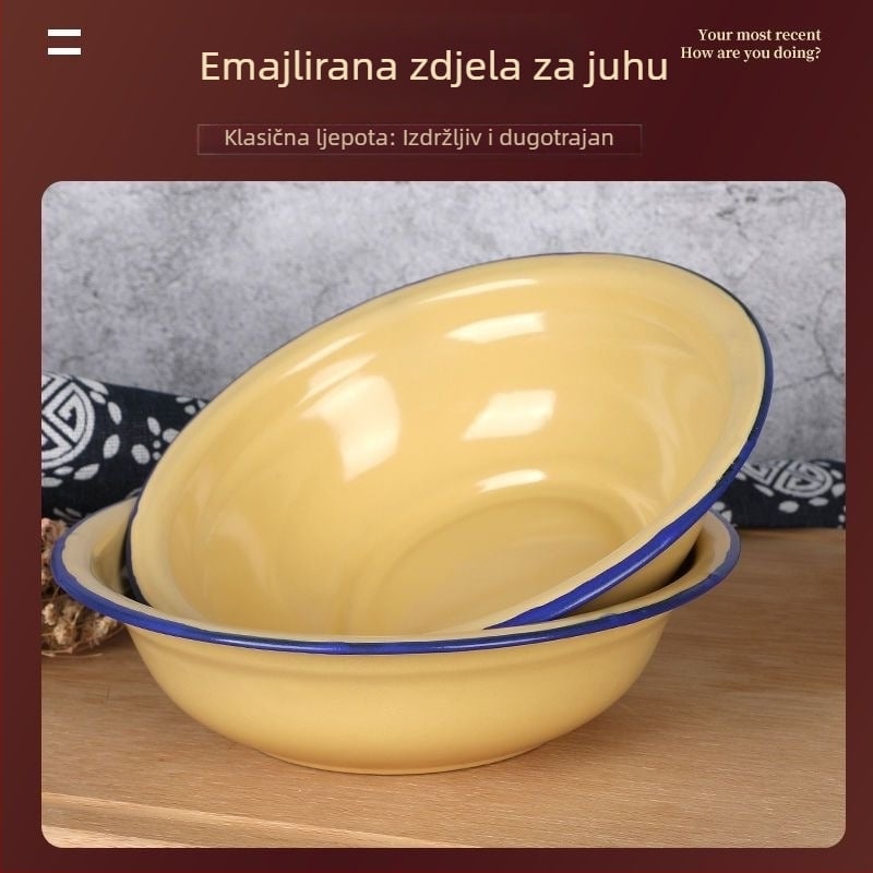 Žuta emajlirana zdjela, retro stil, kućna uporaba, zdjela za juhu i rižu, zdjela s uvijenim rubom