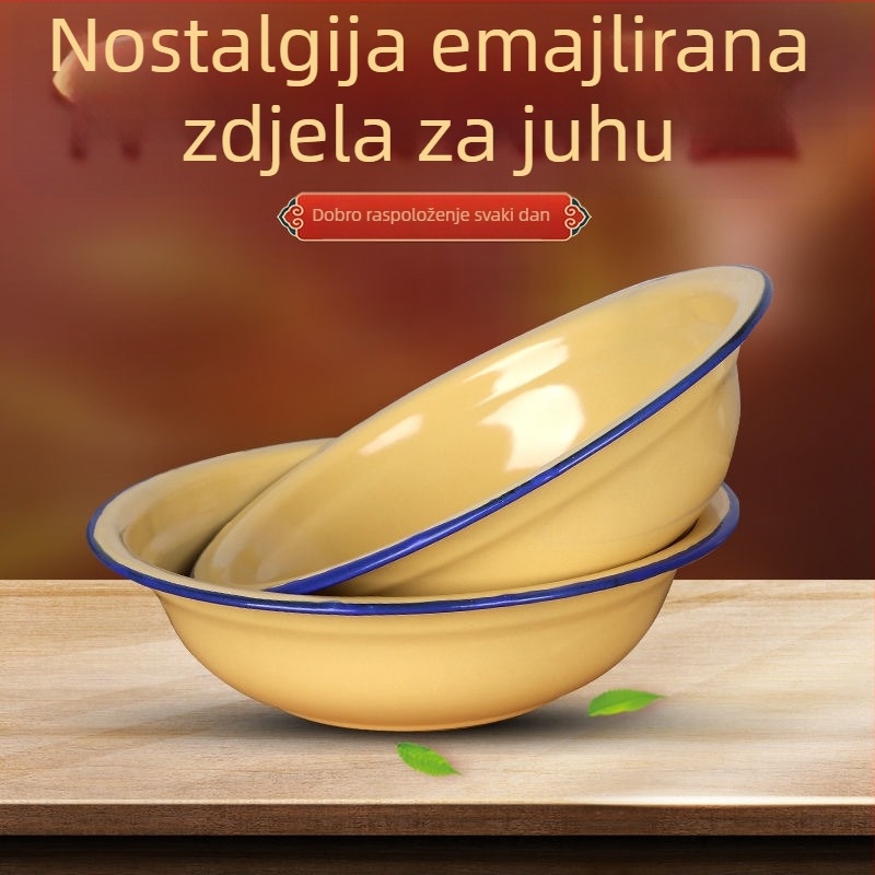 Žuta emajlirana zdjela, retro stil, kućna uporaba, zdjela za juhu i rižu, zdjela s uvijenim rubom