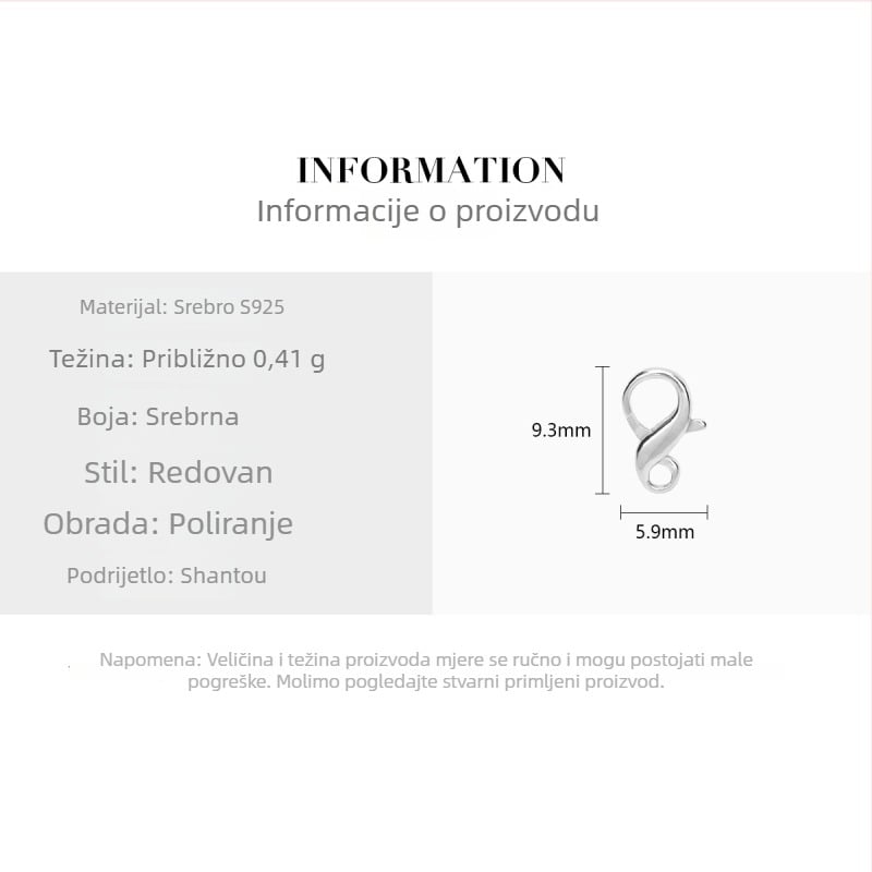 S925 srebrna kopča u obliku osmine za perlovu ogrlicu, narukvicu i anklet – DIY dodaci za nakit