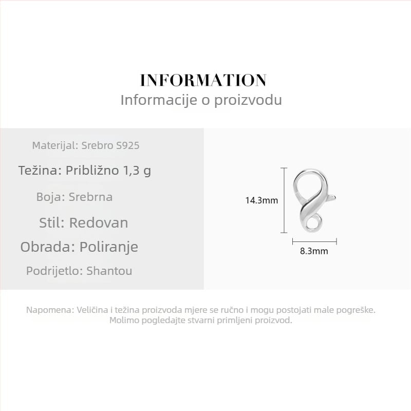 S925 srebrna kopča u obliku osmine za perlovu ogrlicu, narukvicu i anklet – DIY dodaci za nakit