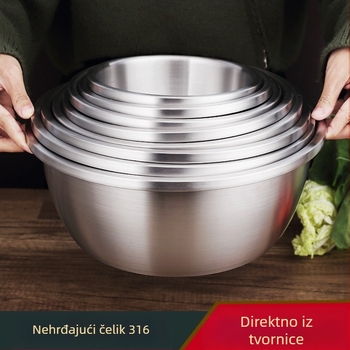 Posuda od nehrđajućeg čelika 316, debelo dno, okruglog oblika, kuhinjske namjene — idealna za mijesanje tijesta, pranje povrća, pečenje, tučenje jaja i pripremu juhe.
