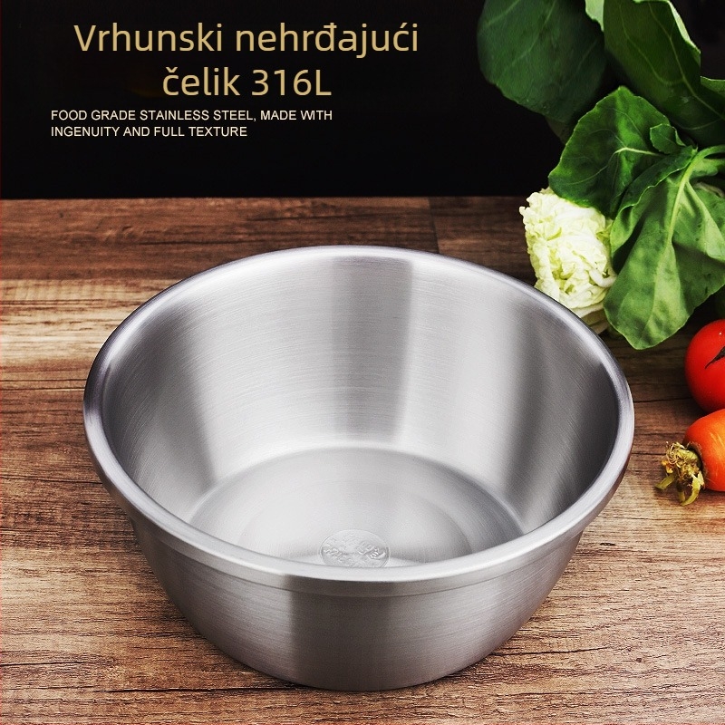 Posuda od nehrđajućeg čelika 316, debelo dno, okruglog oblika, kuhinjske namjene — idealna za mijesanje tijesta, pranje povrća, pečenje, tučenje jaja i pripremu juhe.