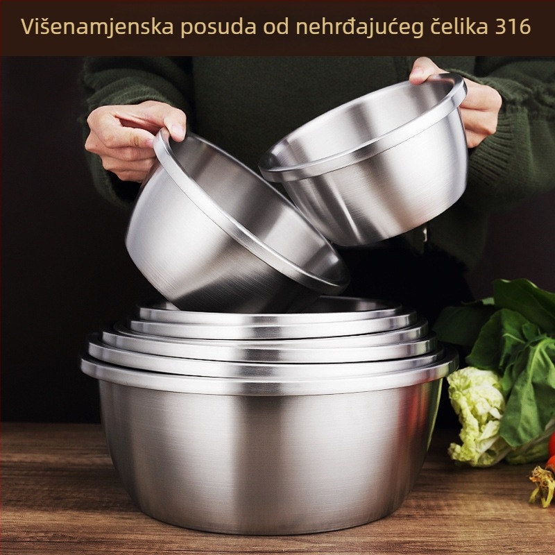 Posuda od nehrđajućeg čelika 316, debelo dno, okruglog oblika, kuhinjske namjene — idealna za mijesanje tijesta, pranje povrća, pečenje, tučenje jaja i pripremu juhe.