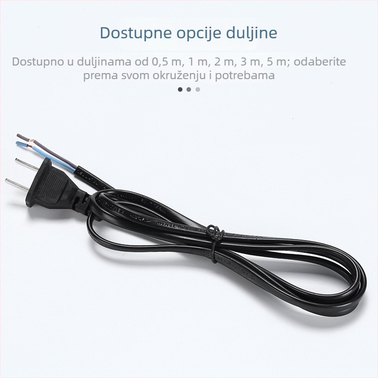 Nacionalni standard, napajajući kabel duljine 1,5 m, 2-žilni, s jednim krajem, vodič od bakreno-obalanog aluminija, za stolne lampe i ventilatore, dva ploska utikača