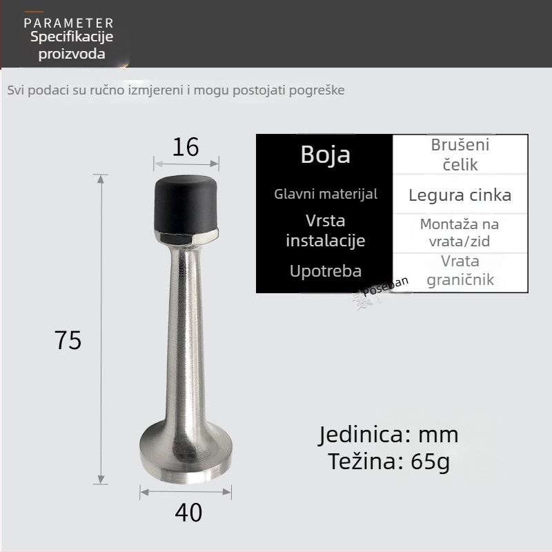 Gornji vrata zaustavljač s perforiranom gumom, zaštita od udara, baza od cinkove legure, za drvena i staklena vrata