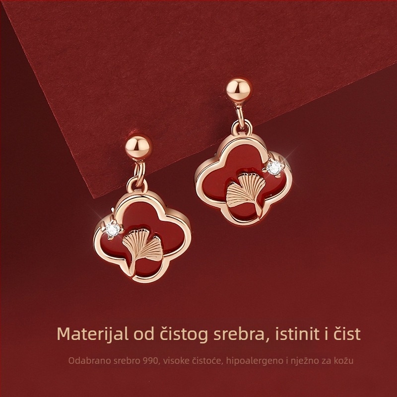 Tichia originalne crvene ahat četverolisne naušnice za žene, 990 srebra, retro dizajn, motiv lišća ginka