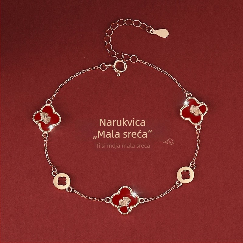 Tichia originalne crvene ahat četverolisne naušnice za žene, 990 srebra, retro dizajn, motiv lišća ginka