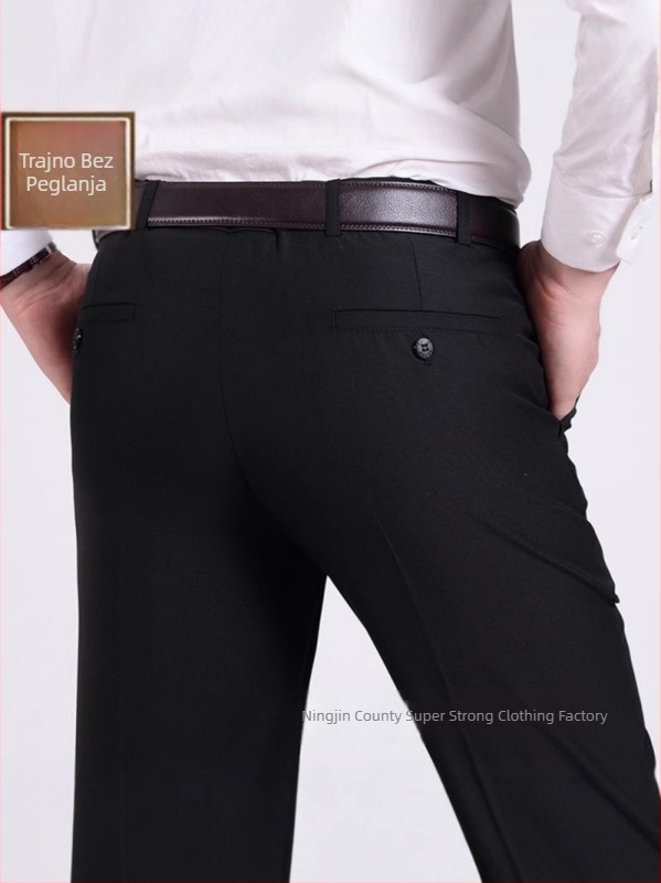 Muške crne slim-fit poslovne hlače, ravnog kroja, za sve sezone