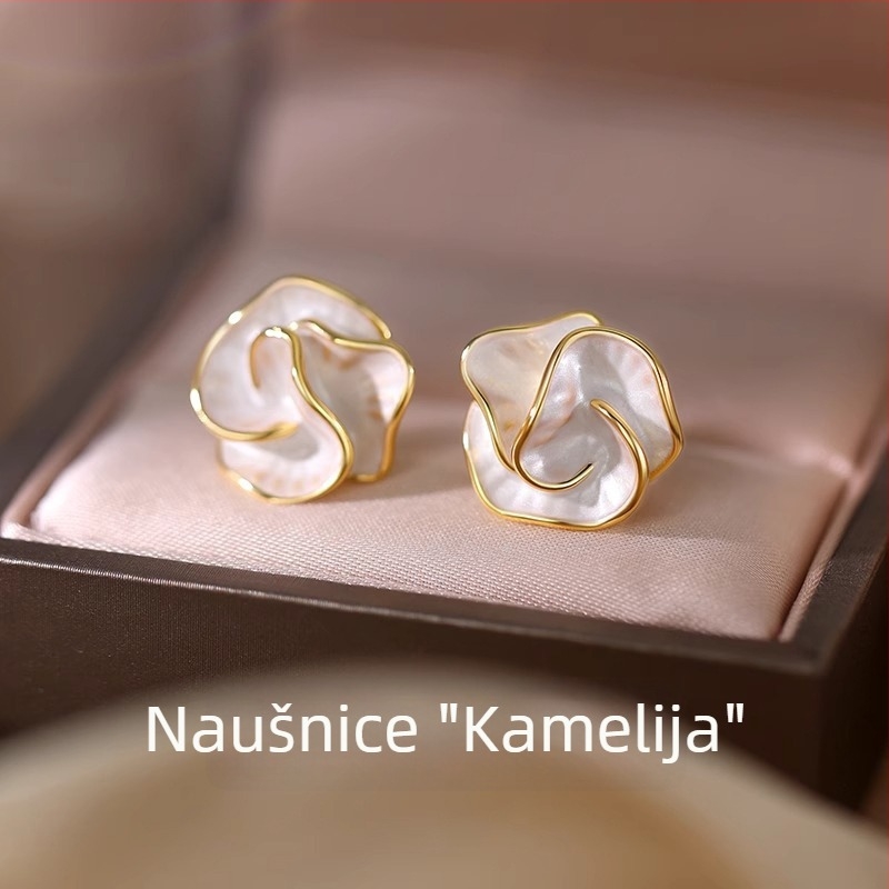 S925 srebrne naušnice s iglom za žene, kamelija cvijet, sofisticiran luksuzni stil