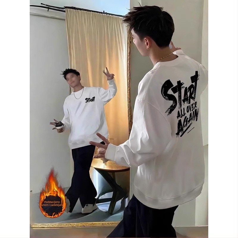 Teški crni muški sweatshirt s okruglim izrezom, dugi rukavi, otisak s slovima, osnovni sloj za proljeće i jesen