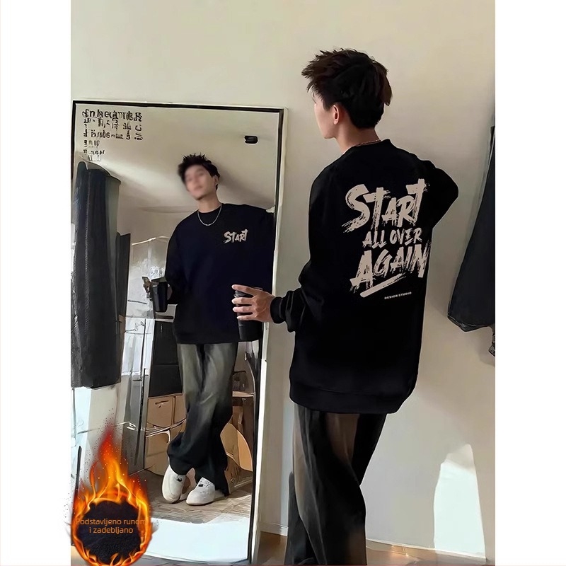 Teški crni muški sweatshirt s okruglim izrezom, dugi rukavi, otisak s slovima, osnovni sloj za proljeće i jesen