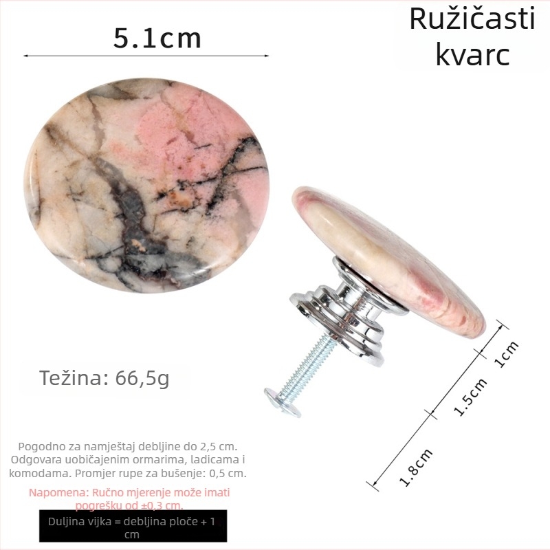 Drška za ladice i vrata ormarića od plemenite aluminijske zlitine, baza, luksuzan stil, s crnom linijom i crvenim venama ružičastog kamena