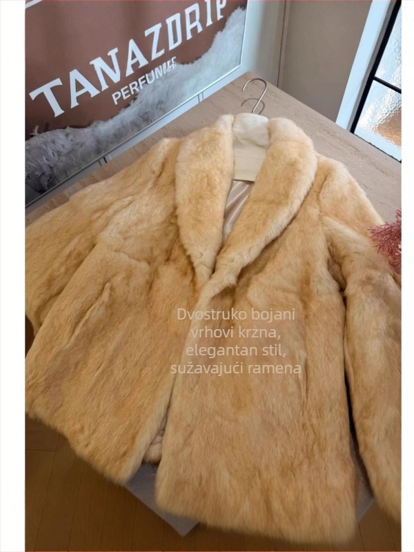 Ženski kaput od pravog kunićjeg krzna, srednje dužine, V izrez, elegantan gradski stil, zima 2025