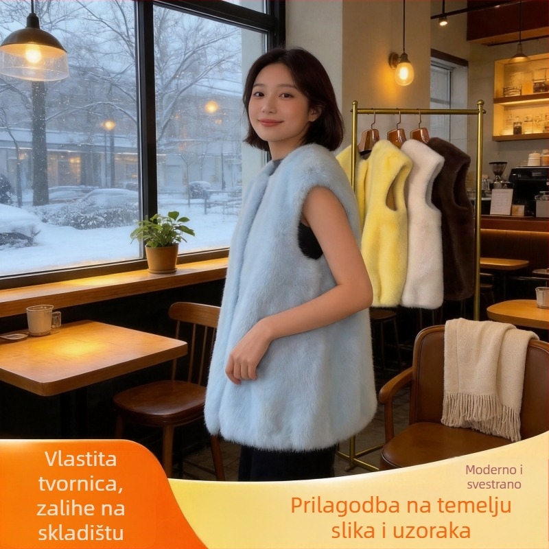 Vesta bez rukava s umjetnim krznom, plišasti završetak, zimski stil