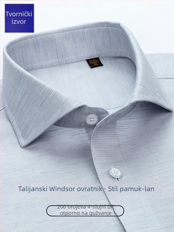 Muška košulja s dugim rukavima od laneno-bavljenog mješavine, bez glačanja, poslovni stil, Windsor ovratnik