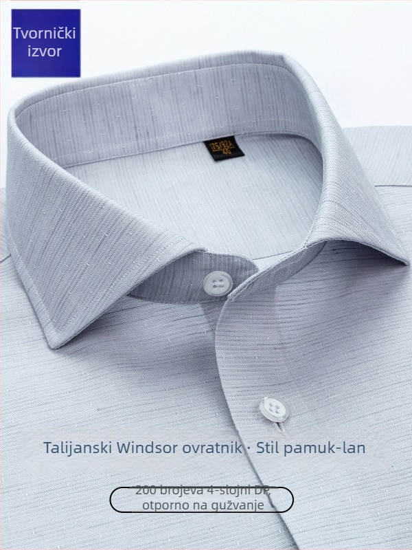 Muška košulja s dugim rukavima od laneno-bavljenog mješavine, bez glačanja, poslovni stil, Windsor ovratnik