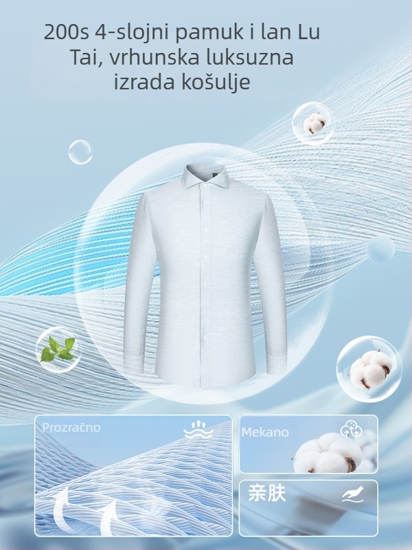 Muška košulja s dugim rukavima od laneno-bavljenog mješavine, bez glačanja, poslovni stil, Windsor ovratnik