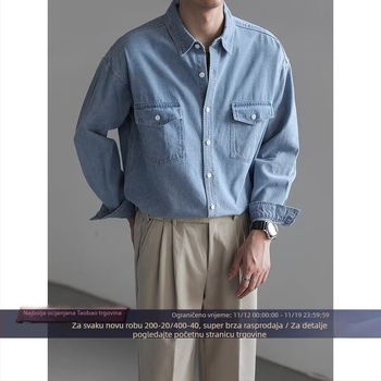 Muška denim košulja s pranjem i vintage efektom, korejski stil, širok kroj, dugi rukavi, proljeće