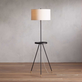 Minimalistička podna lampa s platnenim abažurom i policom s tri noge, podesiva visina, za dnevni boravak, radnu sobu ili spavaću sobu