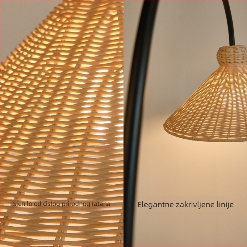 Ratan podna lampa za dnevni boravak – francuski vintage kremasti stil i retro japanski wabi-sabi stil, LED s trobojnim osvjetljenjem, metalni okvir