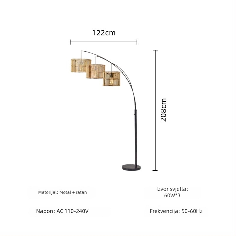 Nordijska podna lampa sa tri glave, zakrivljena ratanska konstrukcija i tekstilno sjenilo, LED, visina 195 cm, pogodna za dnevni boravak i spavaću sobu.